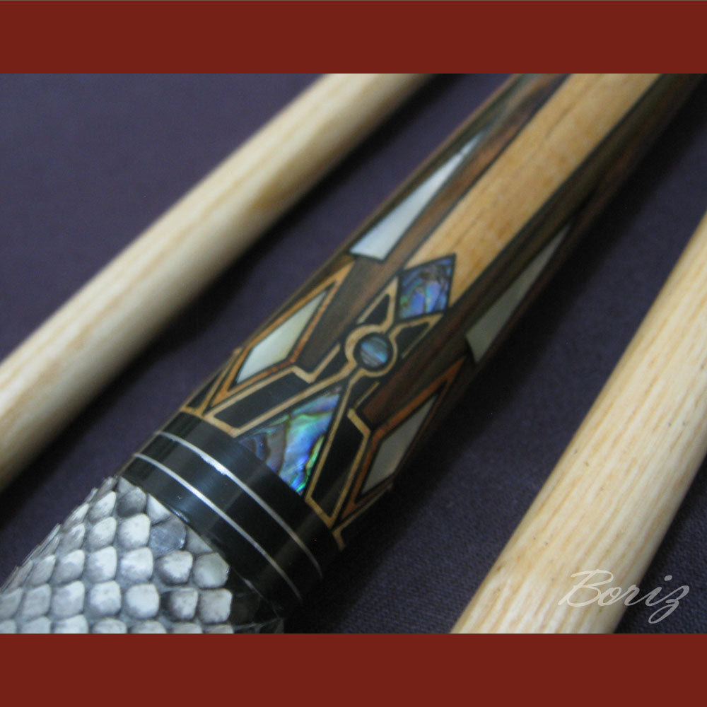 Boriz Billiards Raw Snake Skin Leather Grip Pool Cue Stick Original Inlay Artwork #BCC010