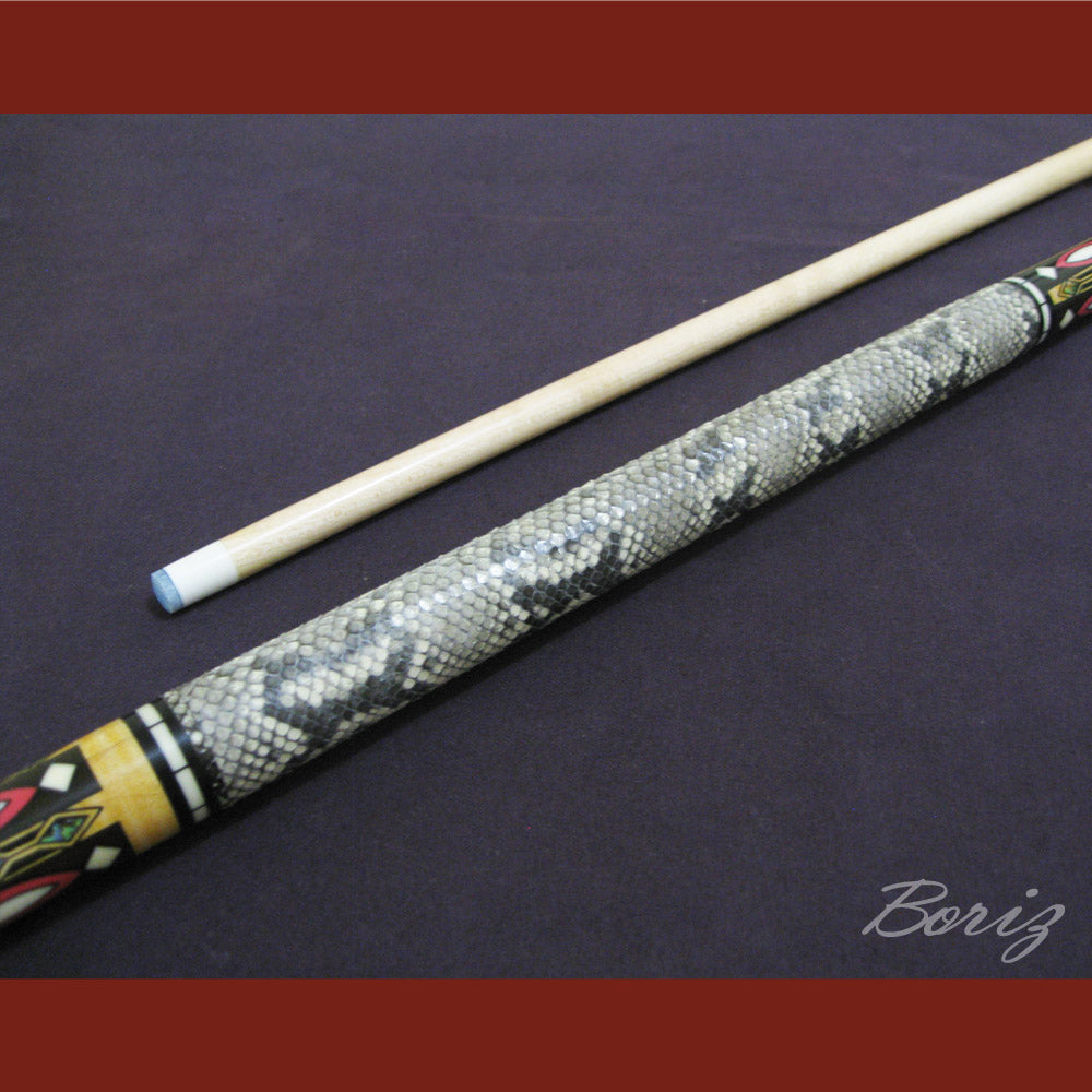 Boriz Billiards Raw Snake Skin Leather Grip Pool Cue Stick Original Inlay Artwork #BCC006