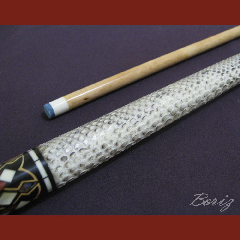 Boriz Billiards Raw Snake Skin Leather Grip Pool Cue Stick Original Inlay Artwork #BCC008