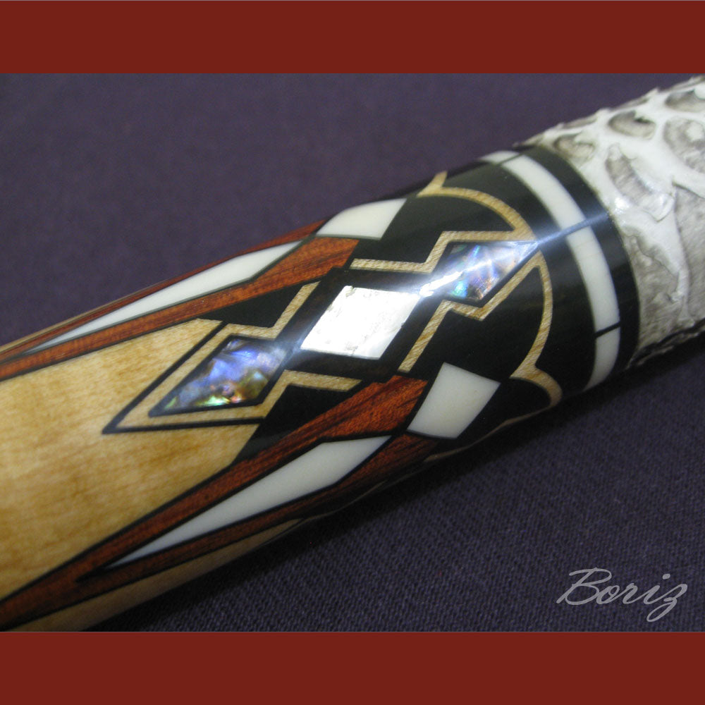 Boriz Billiards Raw Snake Skin Leather Grip Pool Cue Stick Original Inlay Artwork #BCC008