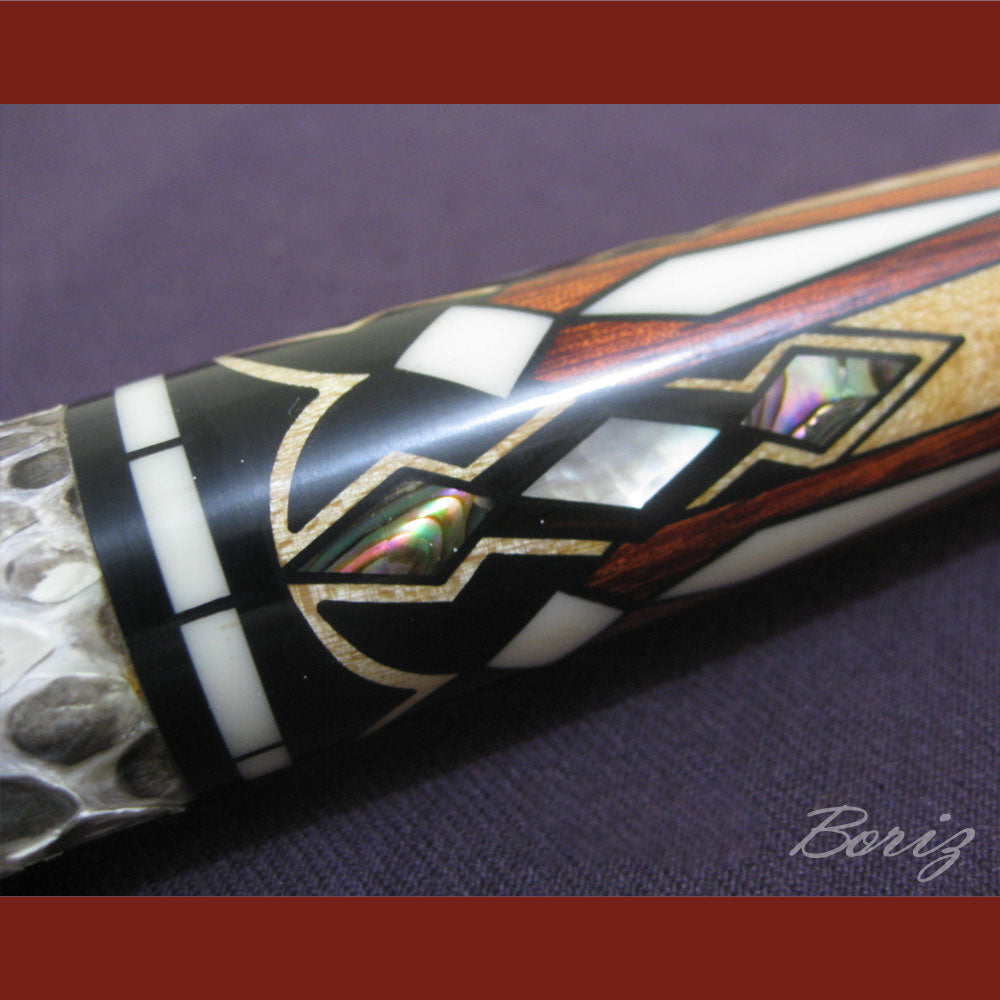 Boriz Billiards Raw Snake Skin Leather Grip Pool Cue Stick Original Inlay Artwork #BCC008