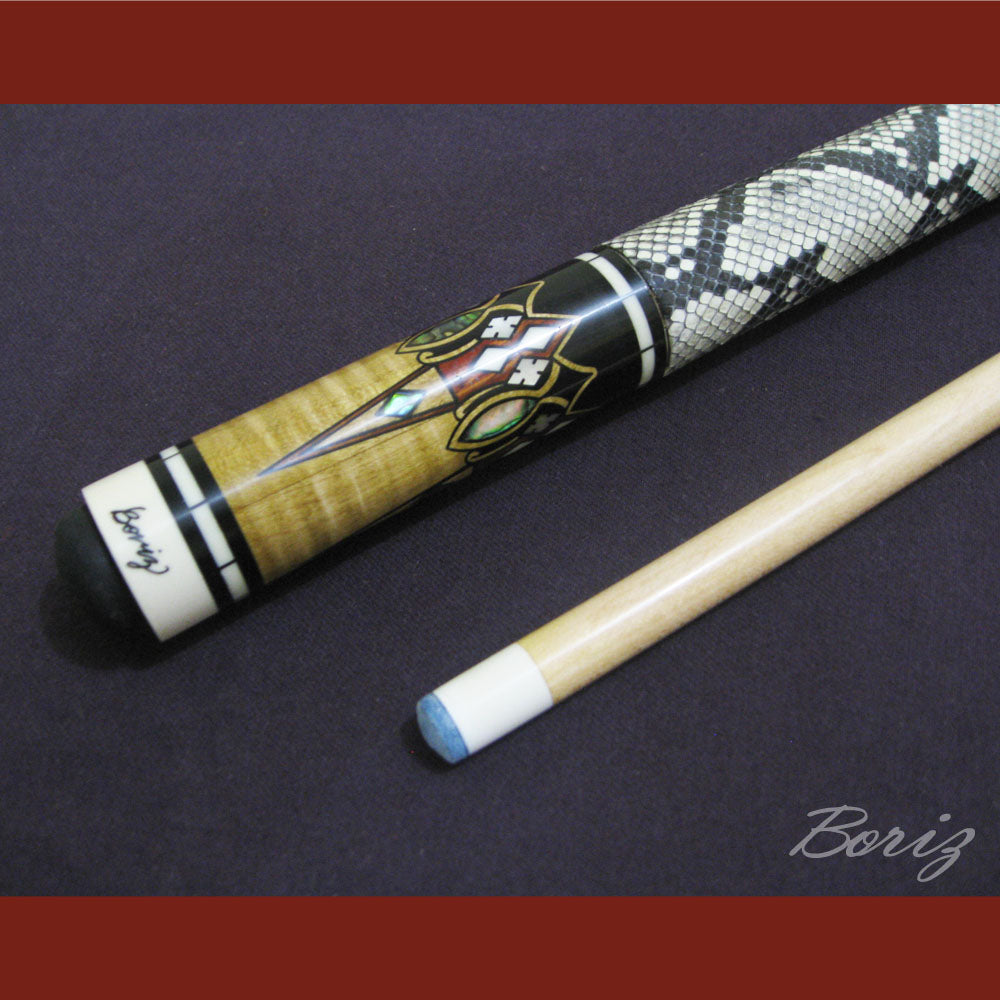 Boriz Billiards Raw Snake Skin Leather Grip Pool Cue Stick Original Inlay Artwork #BCC009
