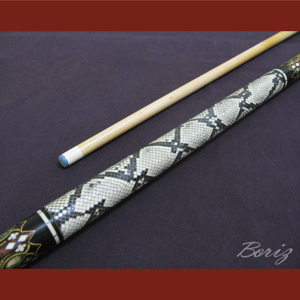 Boriz Billiards Raw Snake Skin Leather Grip Pool Cue Stick Original Inlay Artwork #BCC009
