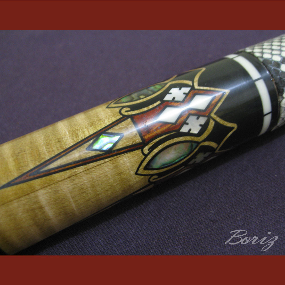 Boriz Billiards Raw Snake Skin Leather Grip Pool Cue Stick Original Inlay Artwork #BCC009