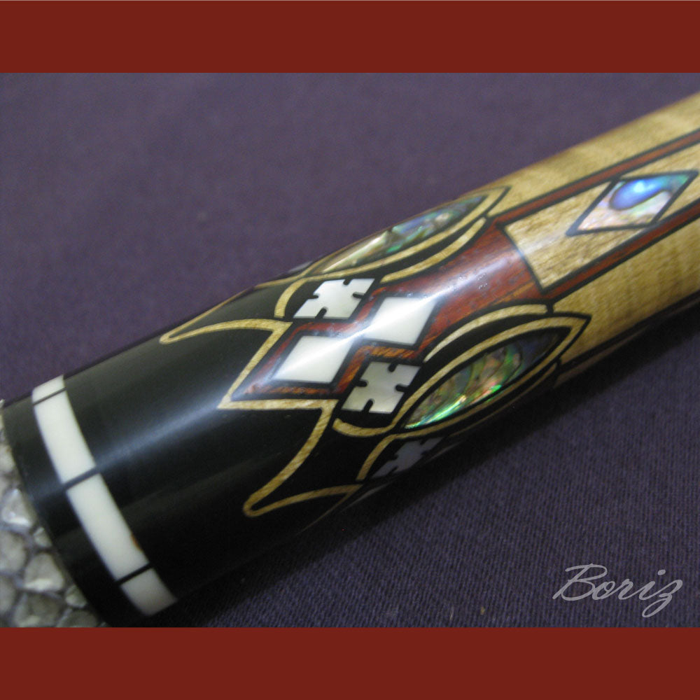 Boriz Billiards Raw Snake Skin Leather Grip Pool Cue Stick Original Inlay Artwork #BCC009