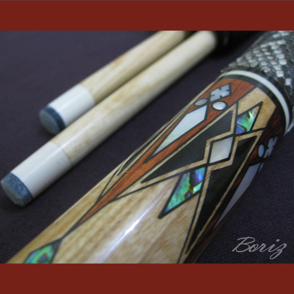 Boriz Billiards Raw Snake Skin Leather Grip Pool Cue Stick Original Inlay Artwork #BCC012