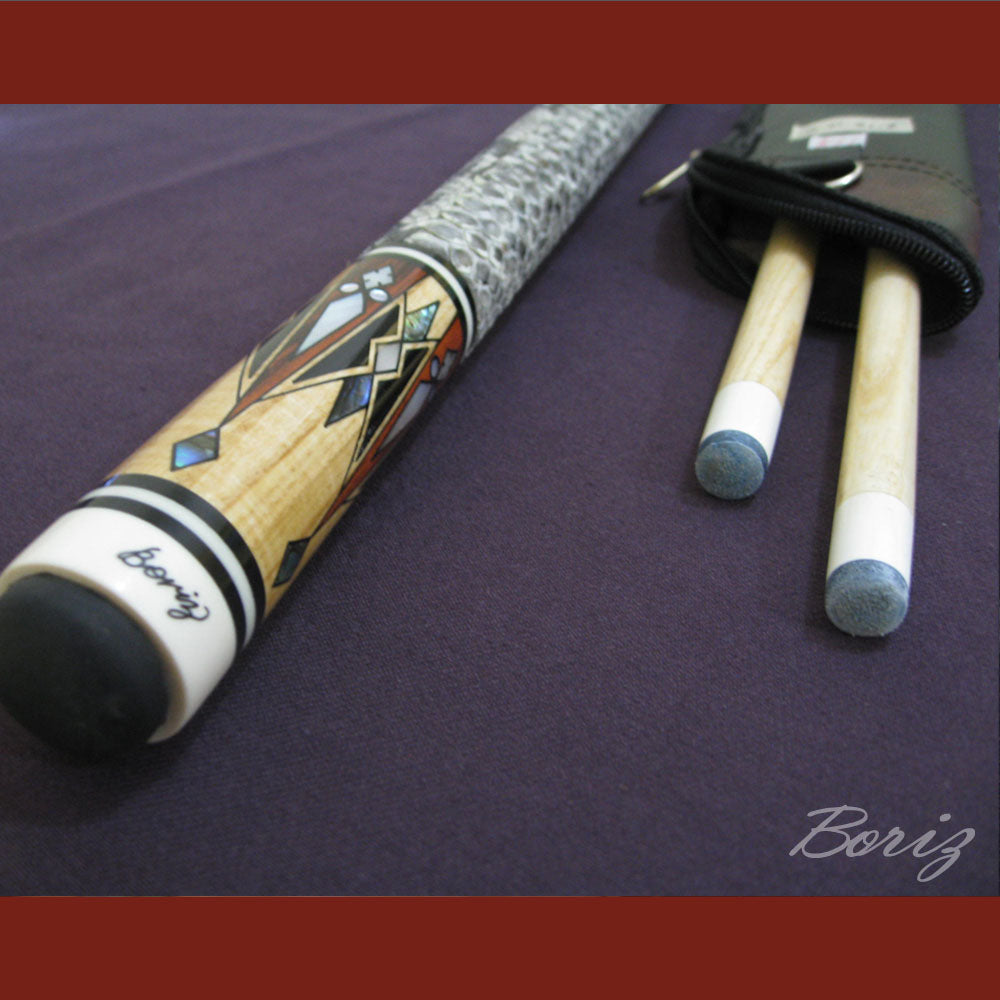 Boriz Billiards Raw Snake Skin Leather Grip Pool Cue Stick Original Inlay Artwork #BCC012