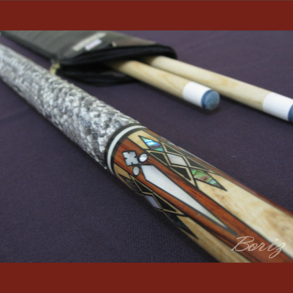 Boriz Billiards Raw Snake Skin Leather Grip Pool Cue Stick Original Inlay Artwork #BCC012
