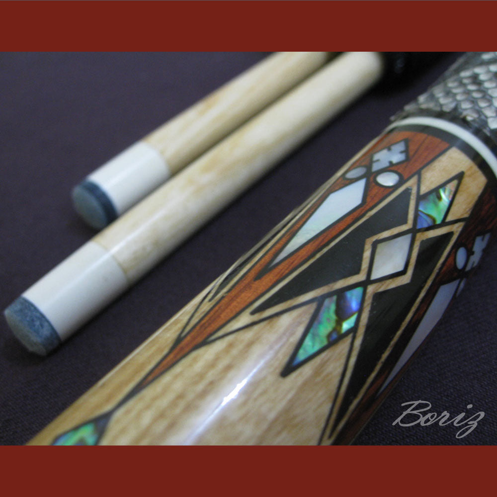 Boriz Billiards Raw Snake Skin Leather Grip Pool Cue Stick Original Inlay Artwork #BCC012
