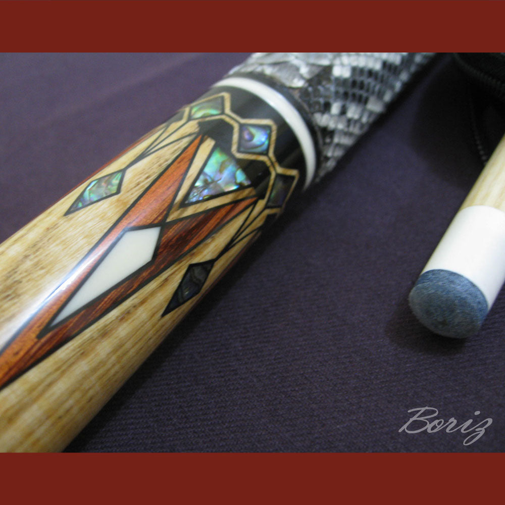 Boriz Billiards Raw Snake Skin Leather Grip Pool Cue Stick Original Inlay Artwork #BCC011