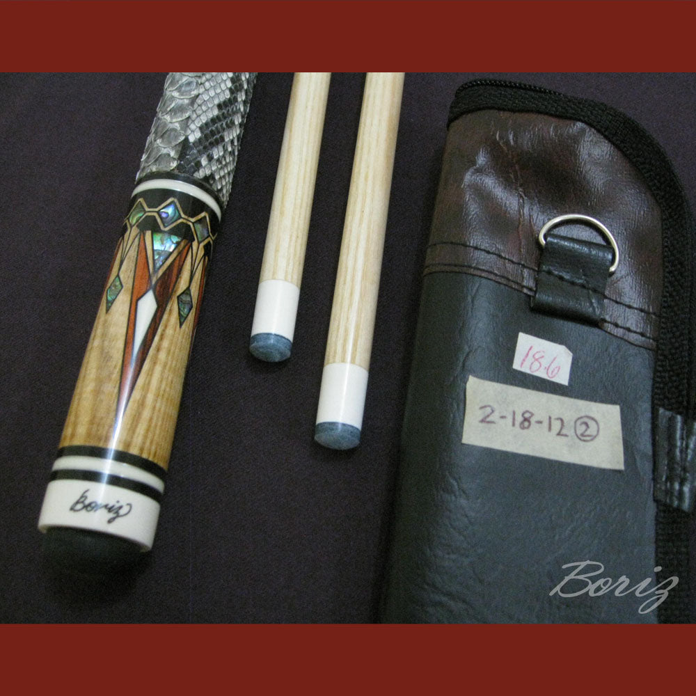 Boriz Billiards Raw Snake Skin Leather Grip Pool Cue Stick Original Inlay Artwork #BCC011