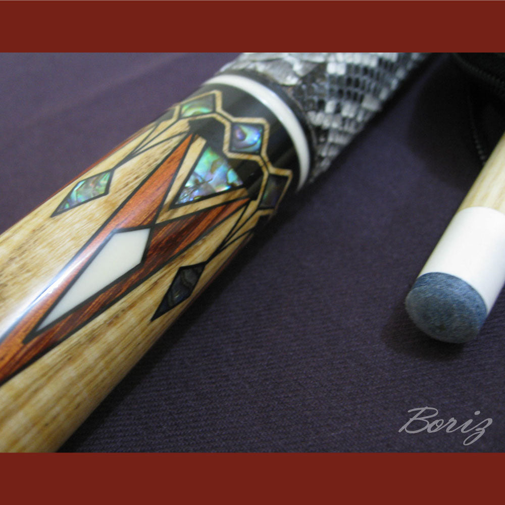 Boriz Billiards Raw Snake Skin Leather Grip Pool Cue Stick Original Inlay Artwork #BCC013