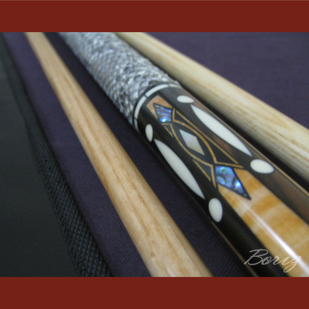 Boriz Billiards Raw Snake Skin Leather Grip Pool Cue Stick Original Inlay Artwork #BCC013