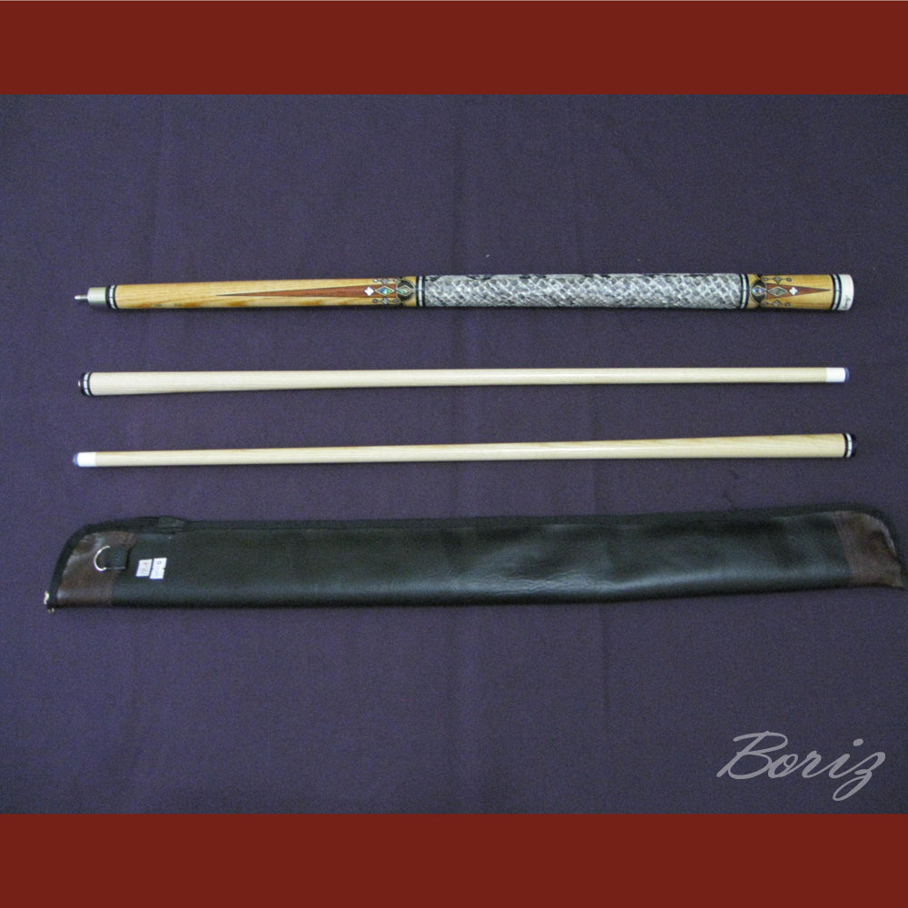 Boriz Billiards Raw Snake Skin Leather Grip Pool Cue Stick Original Inlay Artwork #BCC014