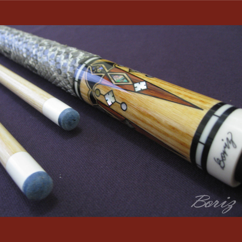 Boriz Billiards Raw Snake Skin Leather Grip Pool Cue Stick Original Inlay Artwork #BCC014