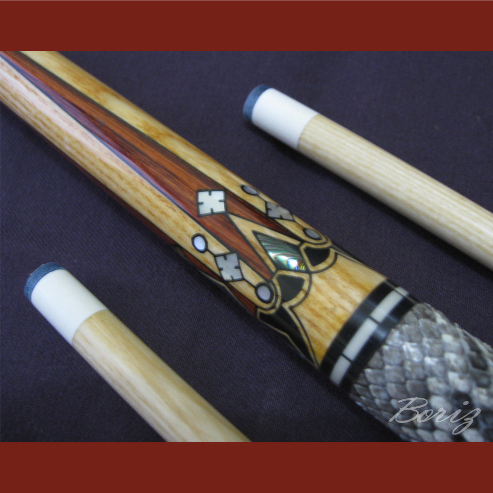 Boriz Billiards Raw Snake Skin Leather Grip Pool Cue Stick Original Inlay Artwork #BCC014