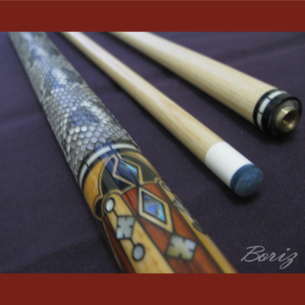 Boriz Billiards Raw Snake Skin Leather Grip Pool Cue Stick Original Inlay Artwork #BCC014