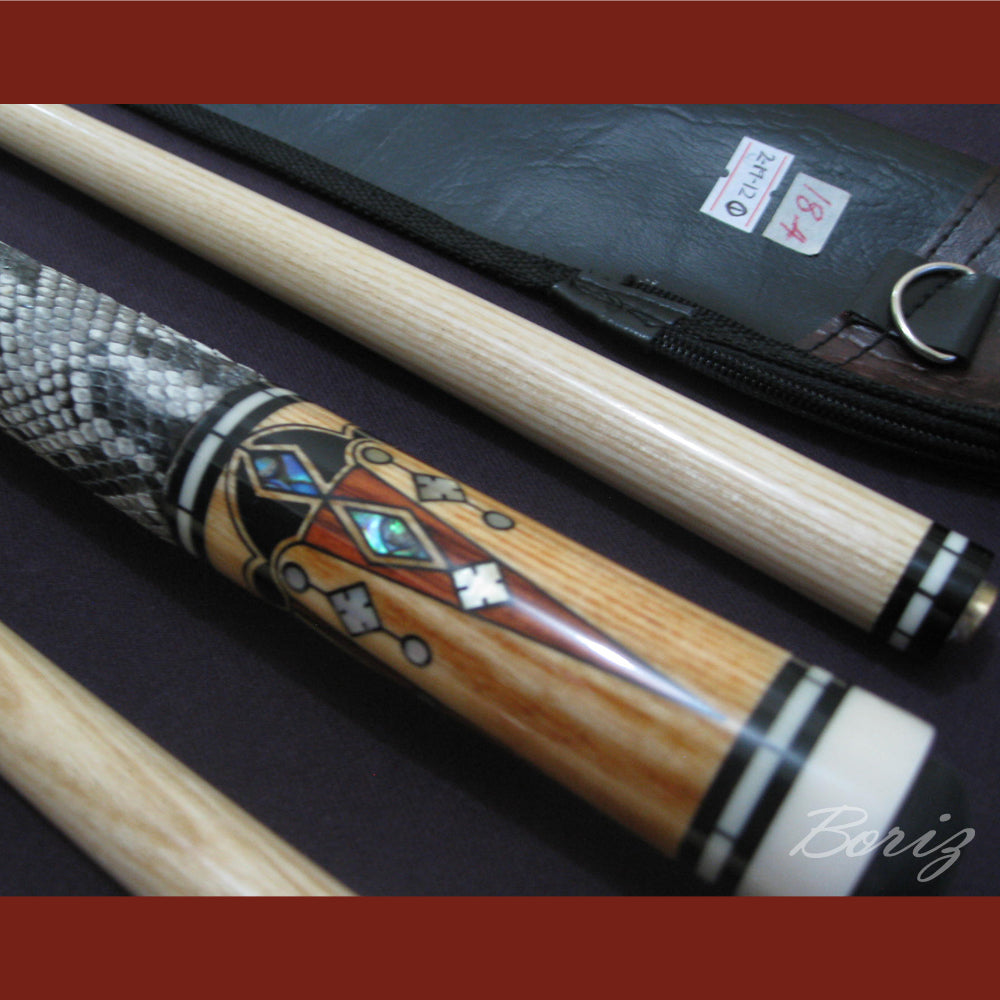 Boriz Billiards Raw Snake Skin Leather Grip Pool Cue Stick Original Inlay Artwork #BCC014