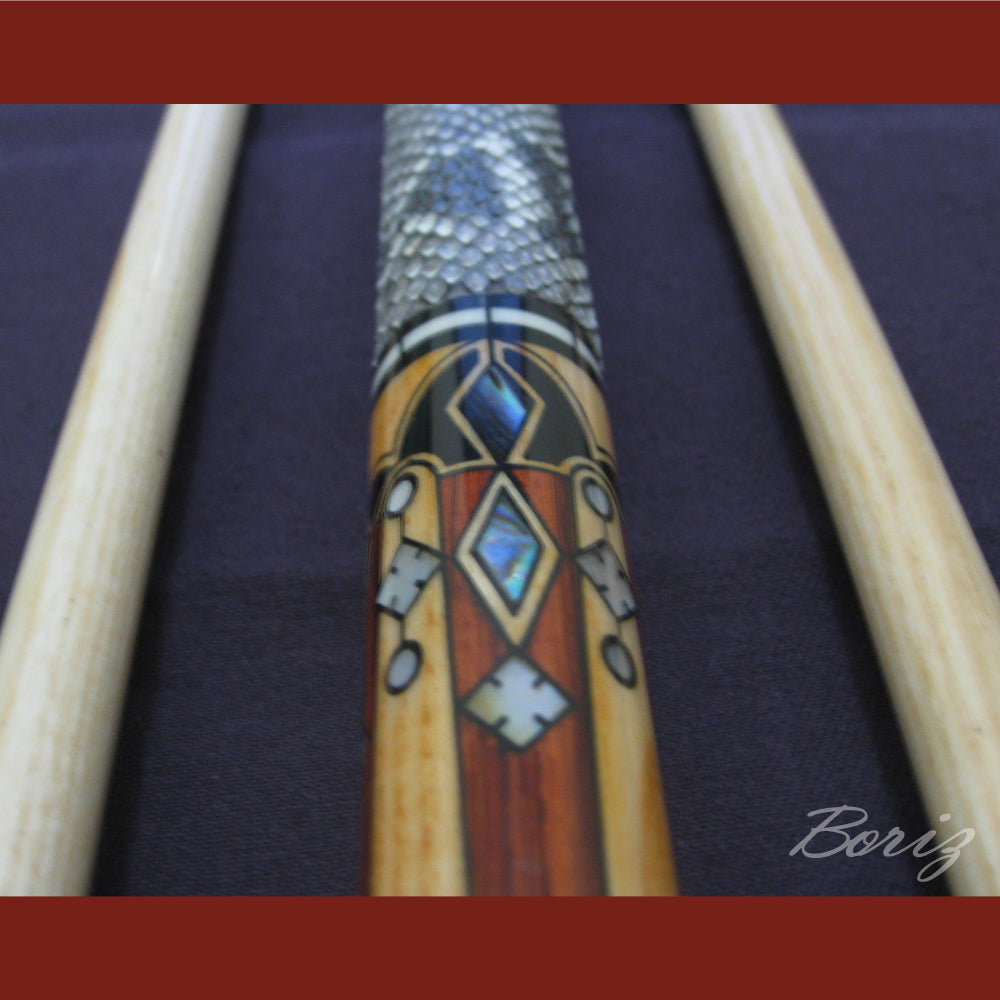 Boriz Billiards Raw Snake Skin Leather Grip Pool Cue Stick Original Inlay Artwork #BCC014