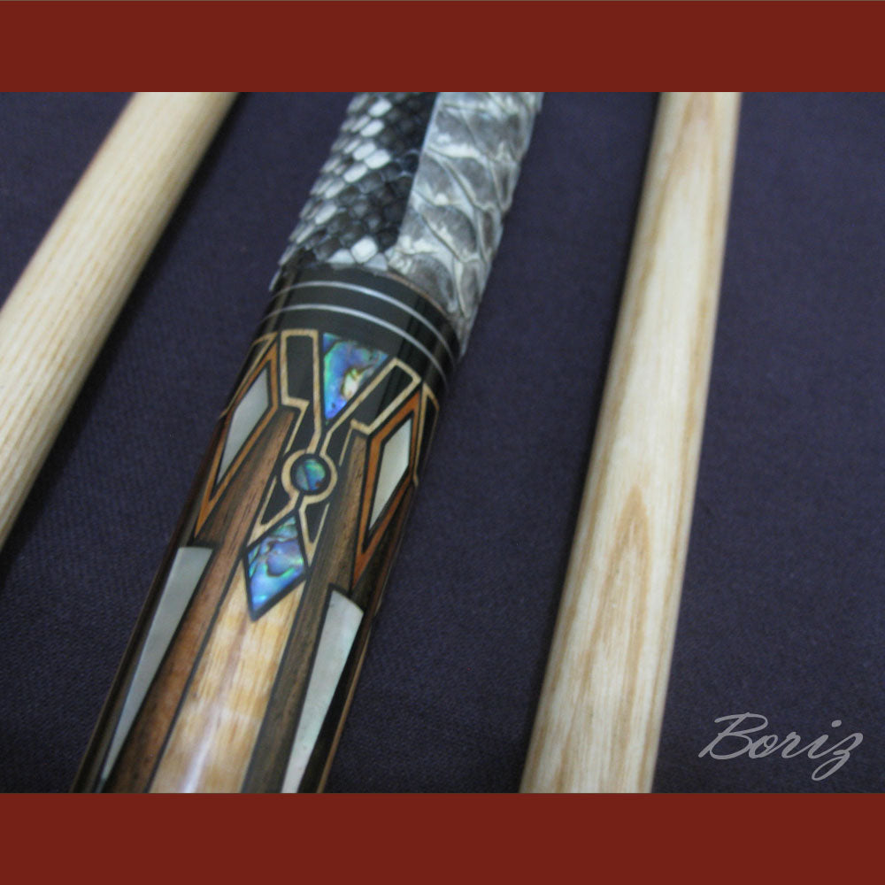 Boriz Billiards Raw Snake Skin Leather Grip Pool Cue Stick Original Inlay Artwork #BCC015
