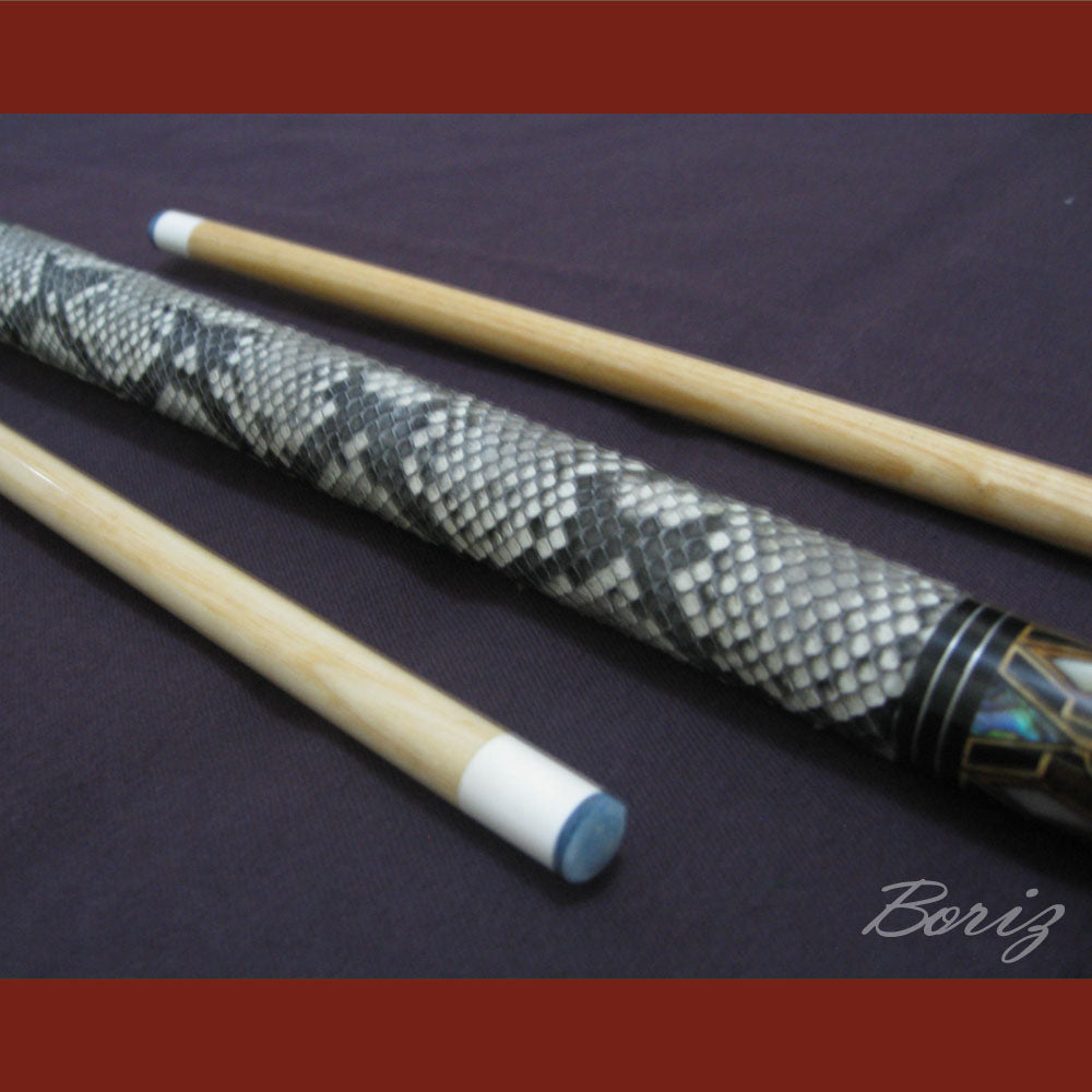 Boriz Billiards Raw Snake Skin Leather Grip Pool Cue Stick Original Inlay Artwork #BCC015