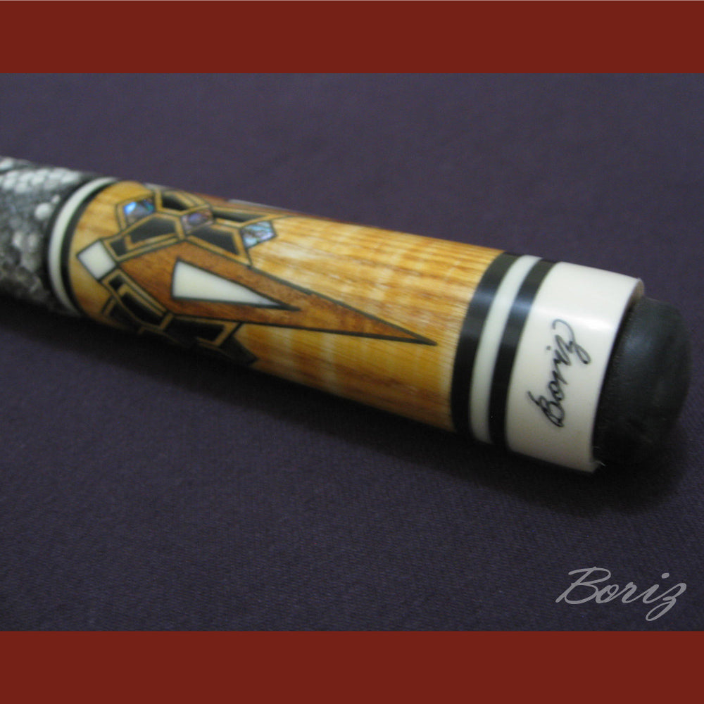 Boriz Billiards Raw Snake Skin Leather Grip Pool Cue Stick Original Inlay Artwork #BCC016
