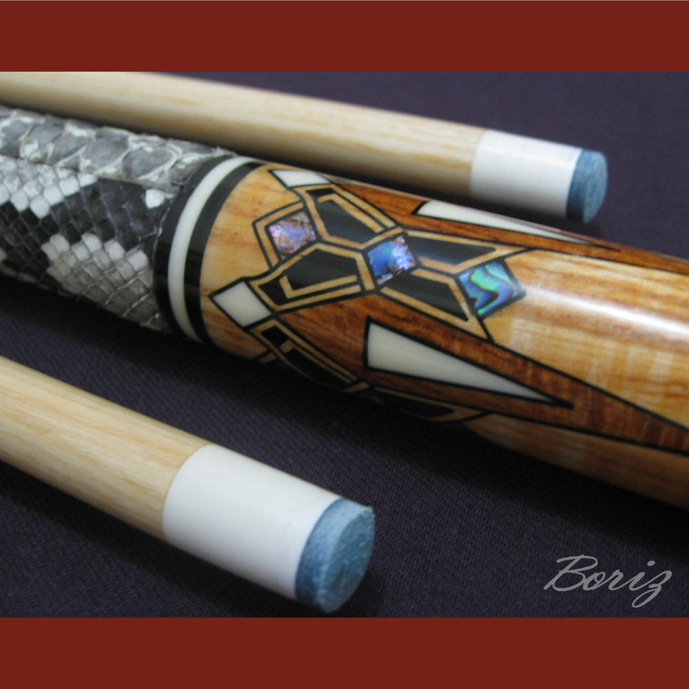 Boriz Billiards Raw Snake Skin Leather Grip Pool Cue Stick Original Inlay Artwork #BCC016