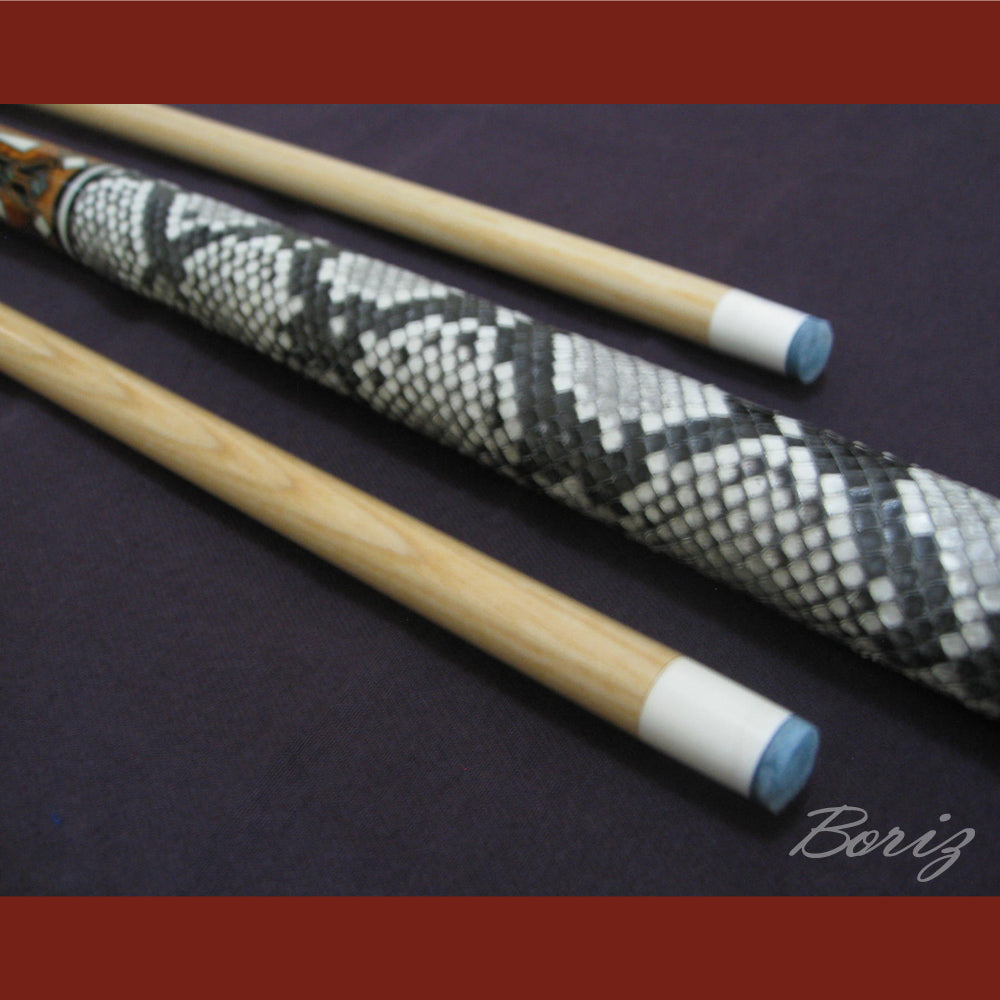 Boriz Billiards Raw Snake Skin Leather Grip Pool Cue Stick Original Inlay Artwork #BCC016