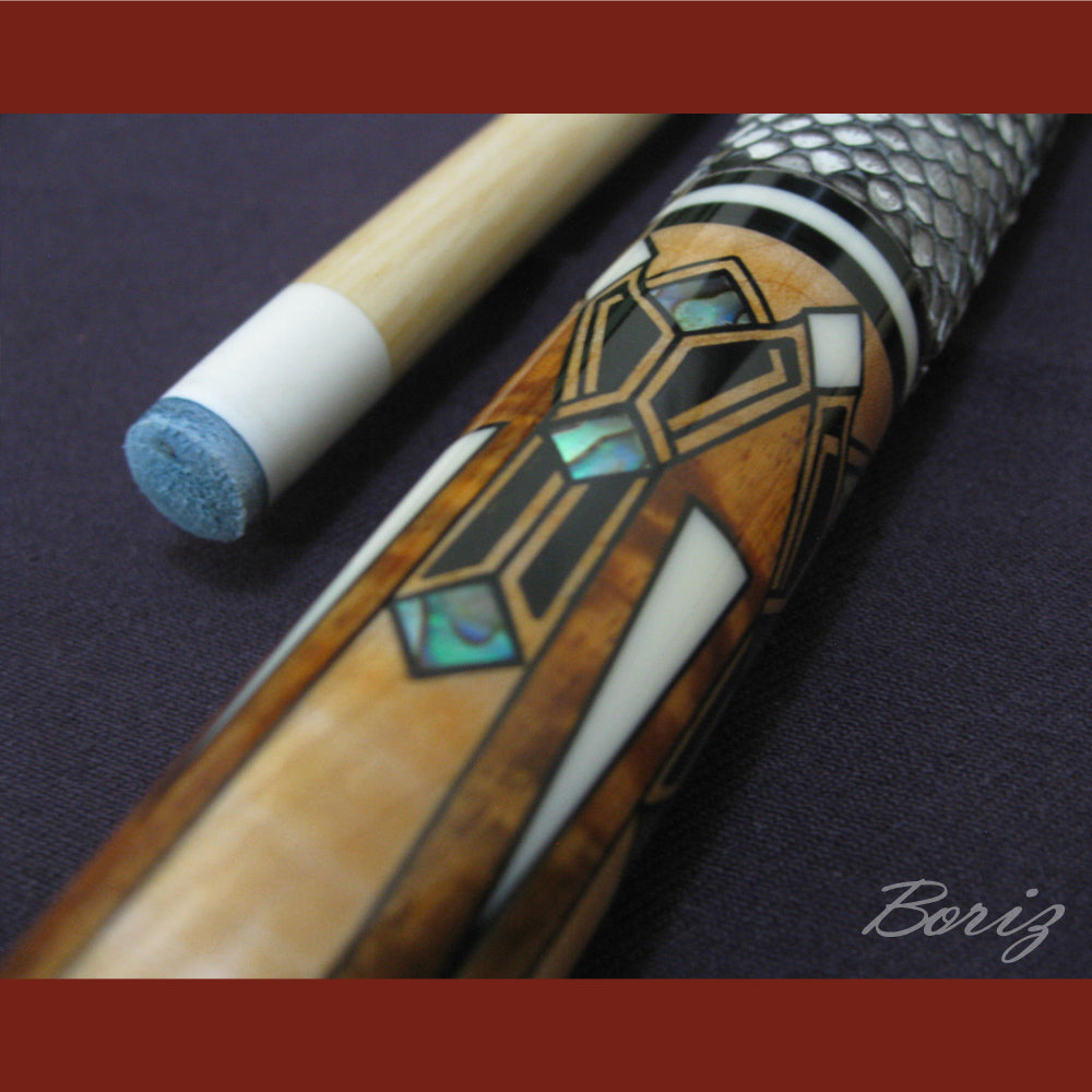 Boriz Billiards Raw Snake Skin Leather Grip Pool Cue Stick Original Inlay Artwork #BCC016
