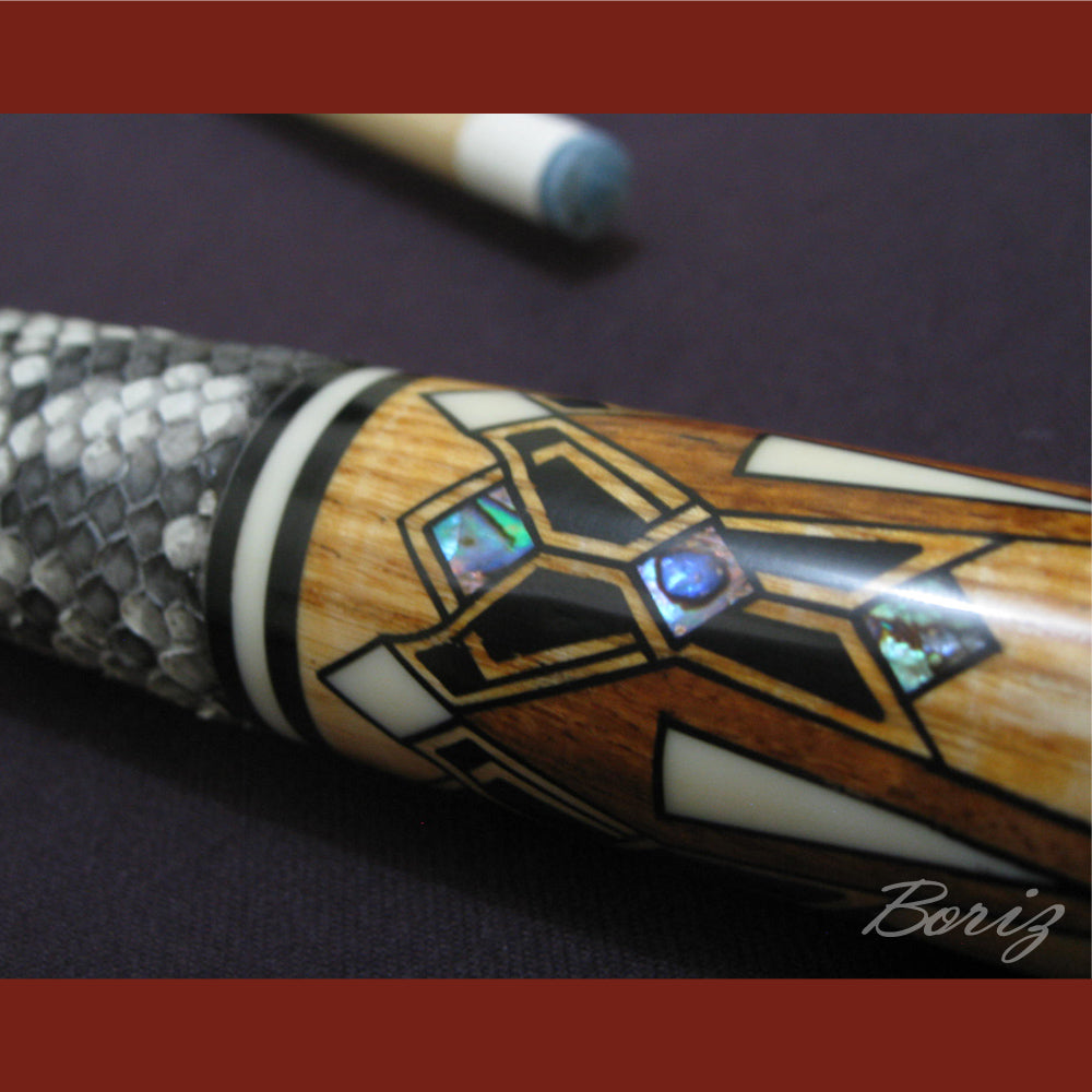 Boriz Billiards Raw Snake Skin Leather Grip Pool Cue Stick Original Inlay Artwork #BCC016