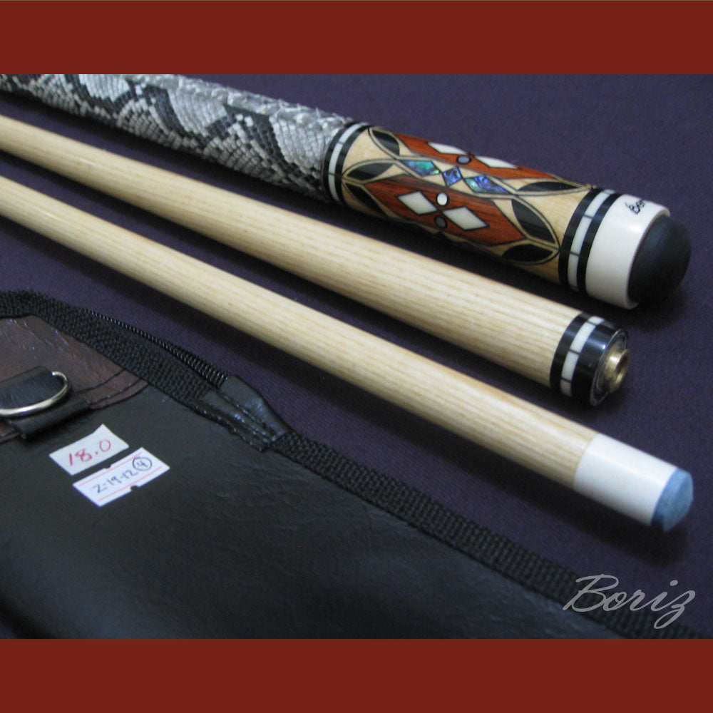 Boriz Billiards Raw Snake Skin Leather Grip Pool Cue Stick Original Inlay Artwork #BCC017