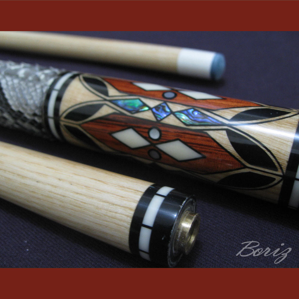 Boriz Billiards Raw Snake Skin Leather Grip Pool Cue Stick Original Inlay Artwork #BCC017