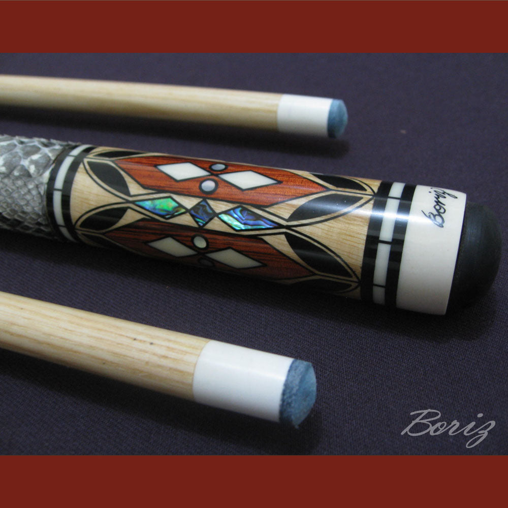 Boriz Billiards Raw Snake Skin Leather Grip Pool Cue Stick Original Inlay Artwork #BCC017