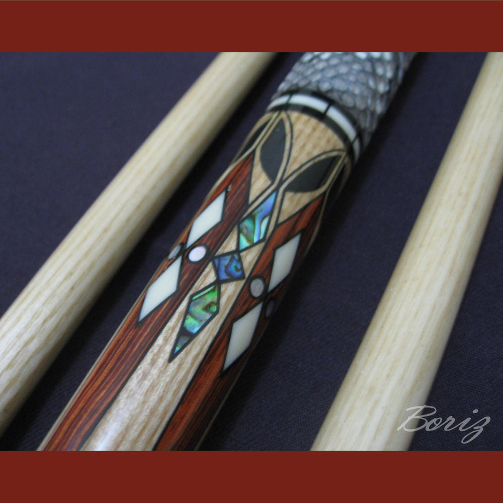 Boriz Billiards Raw Snake Skin Leather Grip Pool Cue Stick Original Inlay Artwork #BCC017