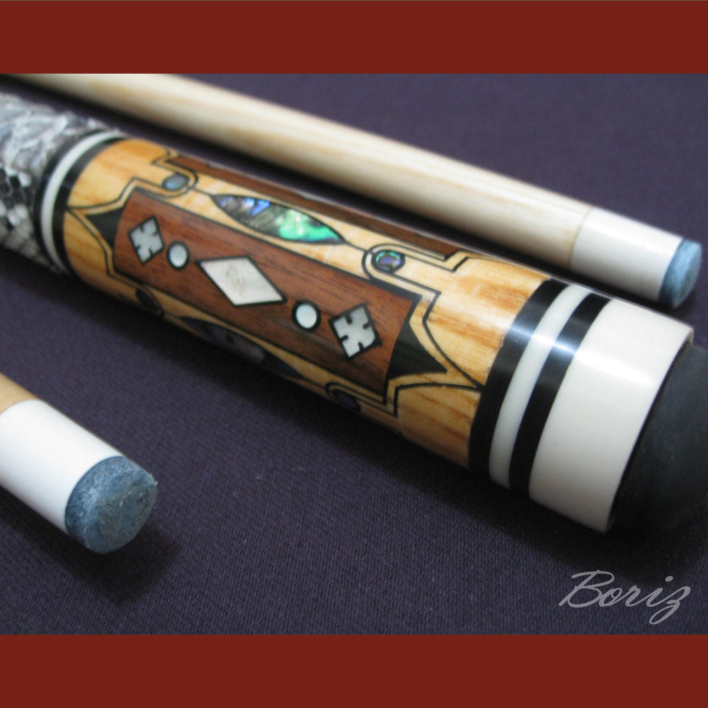 Boriz Billiards Raw Snake Skin Leather Grip Pool Cue Stick Original Inlay Artwork #BCC019