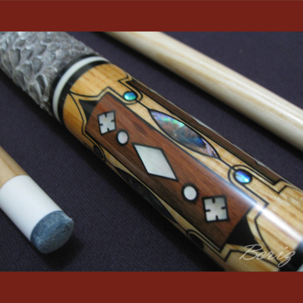 Boriz Billiards Raw Snake Skin Leather Grip Pool Cue Stick Original Inlay Artwork #BCC019