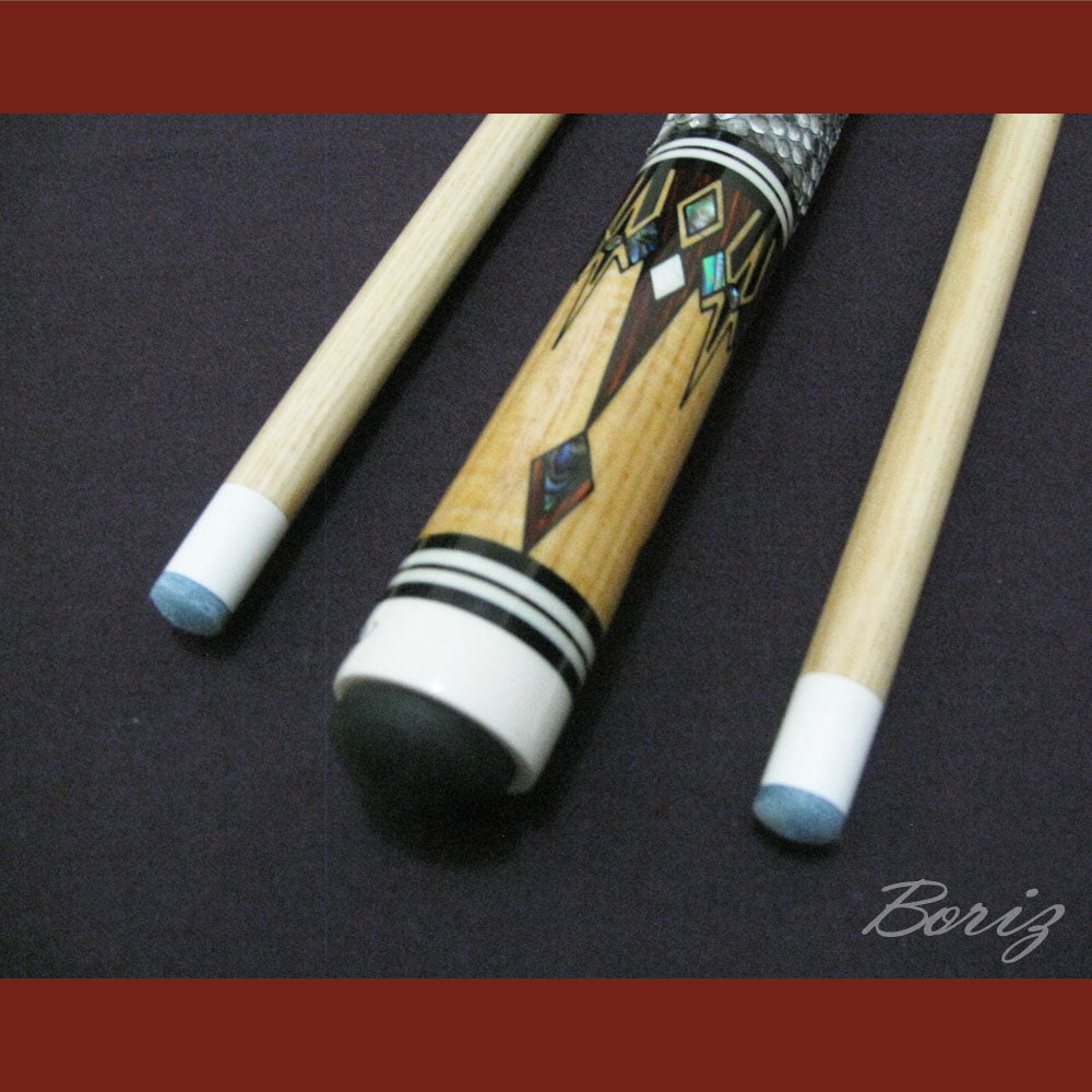Boriz Billiards Raw Snake Skin Leather Grip Pool Cue Stick Original Inlay Artwork #BCC021