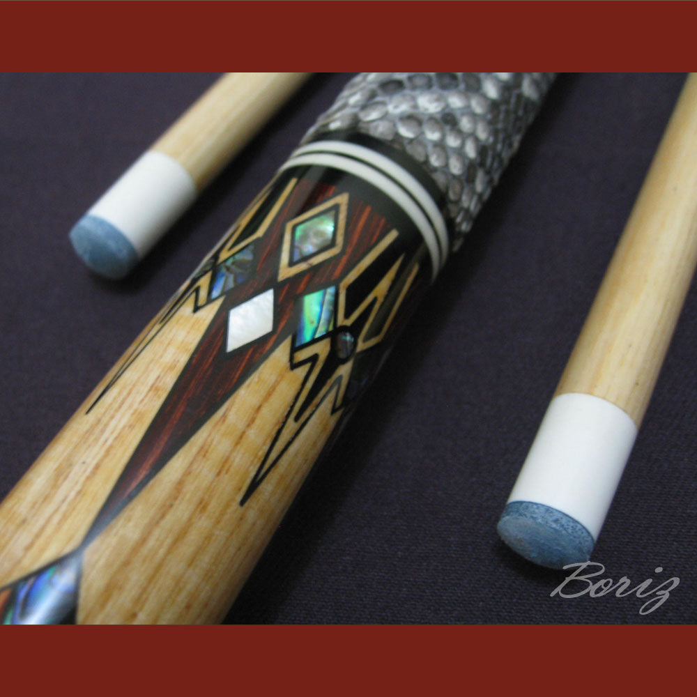 Boriz Billiards Raw Snake Skin Leather Grip Pool Cue Stick Original Inlay Artwork #BCC021
