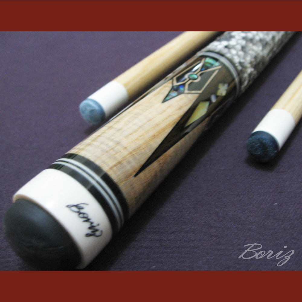 Boriz Billiards Raw Snake Skin Leather Grip Pool Cue Stick Original Inlay Artwork #BCC022