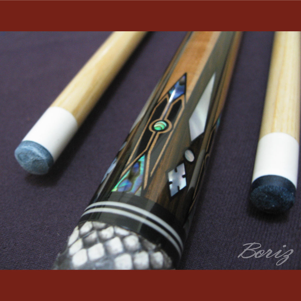 Boriz Billiards Raw Snake Skin Leather Grip Pool Cue Stick Original Inlay Artwork #BCC022
