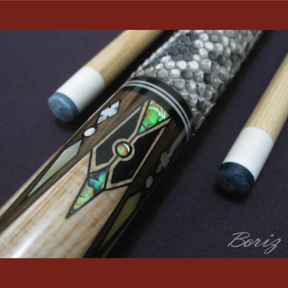 Boriz Billiards Raw Snake Skin Leather Grip Pool Cue Stick Original Inlay Artwork #BCC022