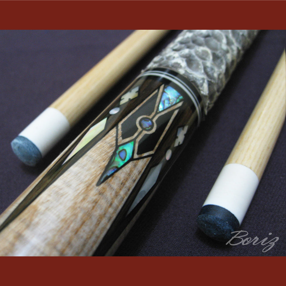 Boriz Billiards Raw Snake Skin Leather Grip Pool Cue Stick Original Inlay Artwork #BCC022