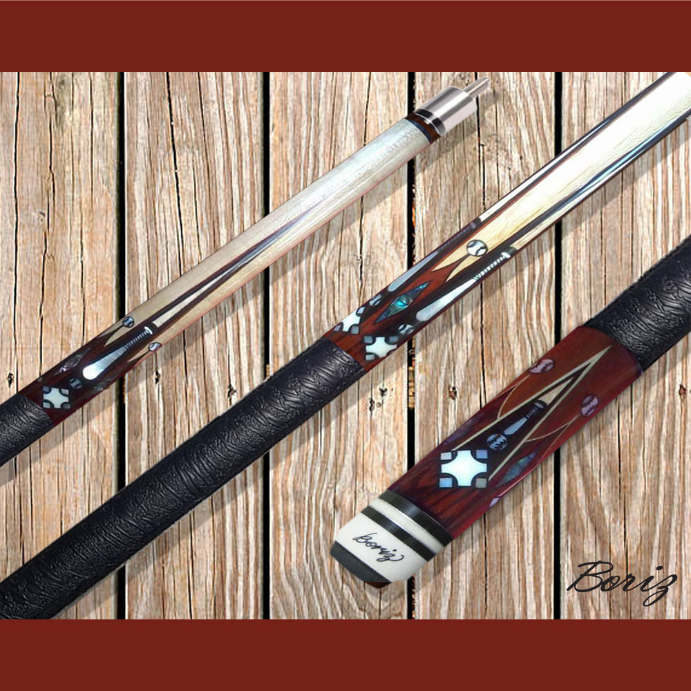 Boriz Billiards Textured Black Leather Grip Pool Cue Stick Original Inlay Artwork #BCC068