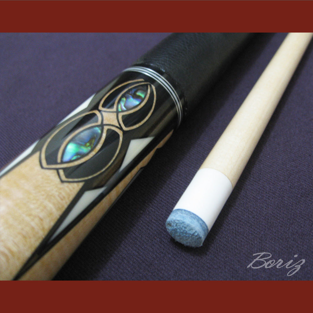 Boriz Billiards Smooth Black Leather Grip Pool Cue Stick Original Inlay Artwork #BCC023