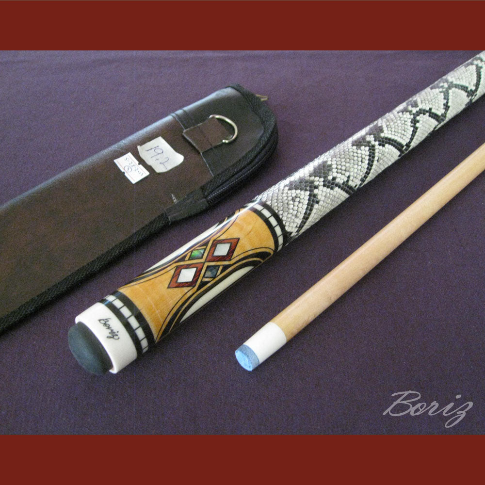Boriz Billiards Raw Snake Skin Leather Grip Pool Cue Stick Original Inlay Artwork #BCC037