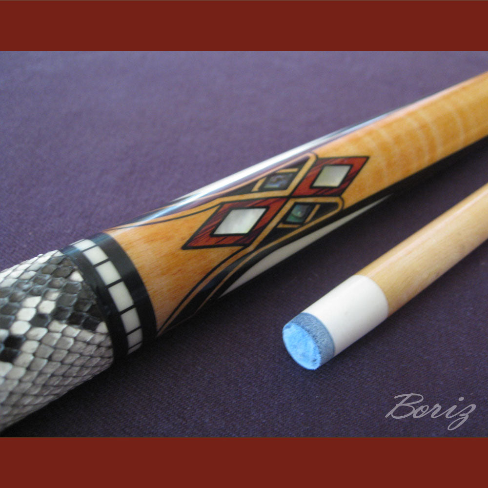 Boriz Billiards Raw Snake Skin Leather Grip Pool Cue Stick Original Inlay Artwork #BCC037
