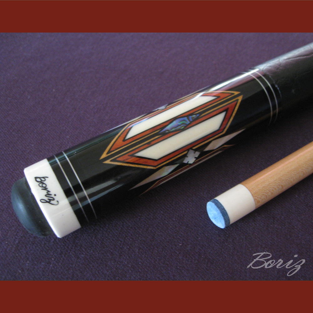 Boriz Billiards Smooth Black Leather Grip Pool Cue Stick Original Inlay Artwork #BCC040