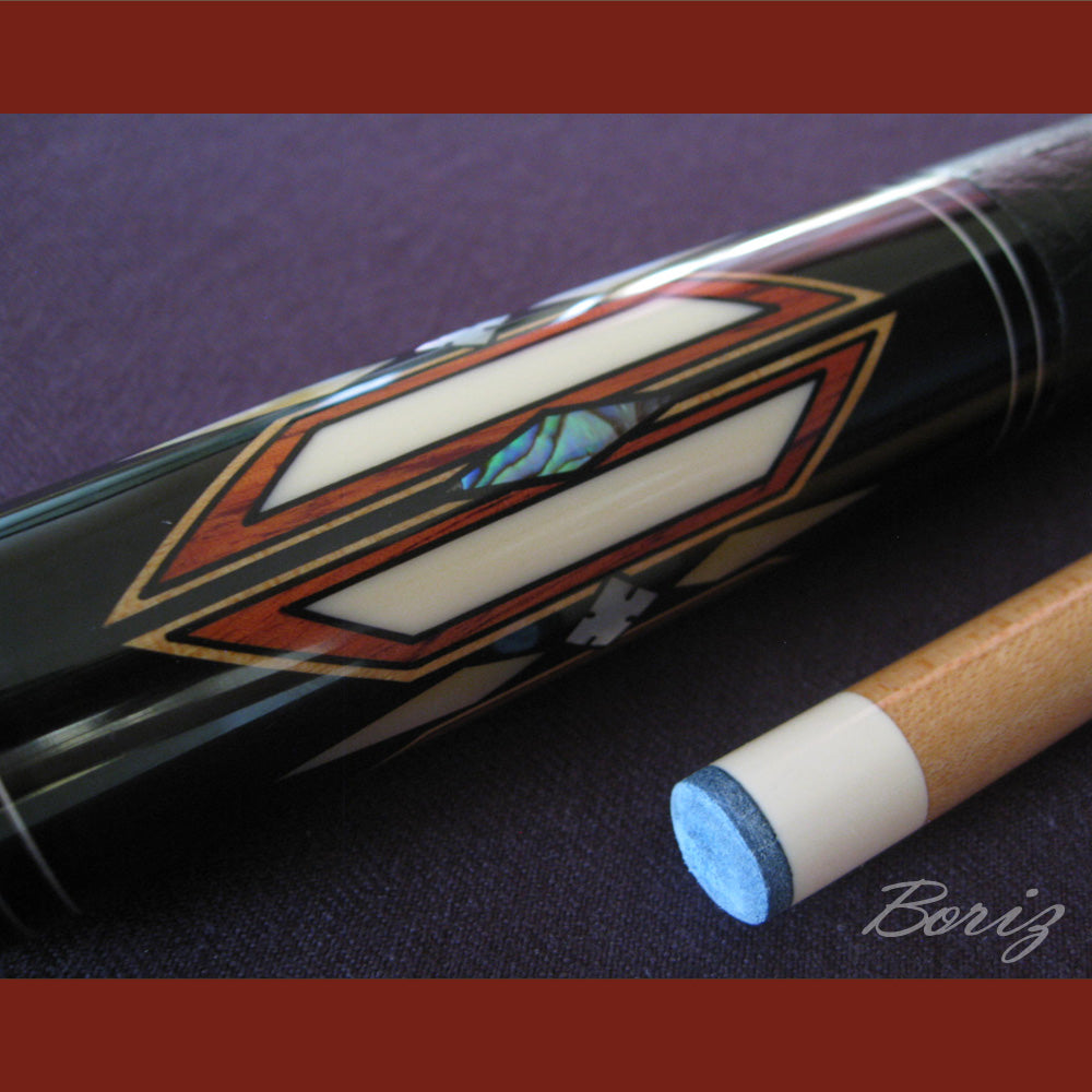 Boriz Billiards Smooth Black Leather Grip Pool Cue Stick Original Inlay Artwork #BCC040
