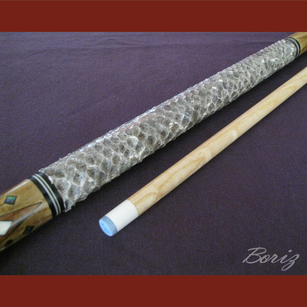 Boriz Billiards Raw Snake Skin Leather Grip Pool Cue Stick Original Inlay Artwork #BCC041