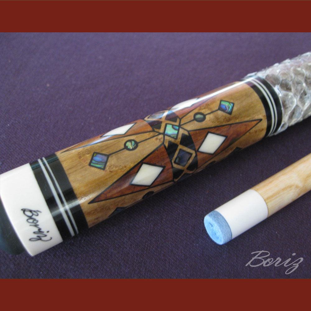 Boriz Billiards Raw Snake Skin Leather Grip Pool Cue Stick Original Inlay Artwork #BCC041